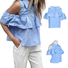 Women Sexy Ruffles Off Shoulder Turn-down Collar Crop Short Blouse Shirts Blue J4U66