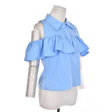 Women Sexy Ruffles Off Shoulder Turn-down Collar Crop Short Blouse Shirts Blue J4U66