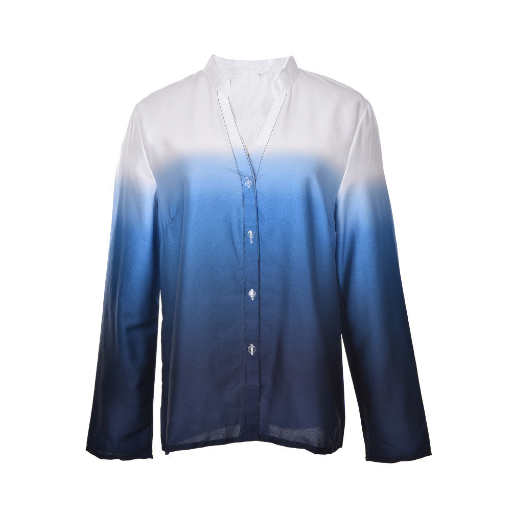 Women Tops Lady Shirt Long Sleeve V Neck Blue Gradient Color Casual Blouses S-XL J4U66