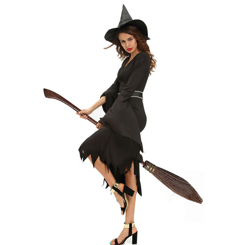 3 pieces sets women witch halloween costume ruched flare sleeve side split sexy gothic dress black role play uniform J4U66