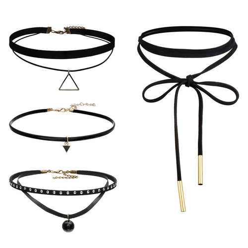 4pcs jewelry black leather bow Tassel choker DIY necklace gift for women girl J4U66