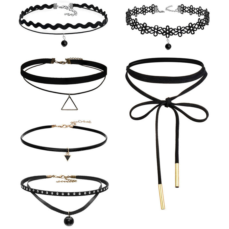6 pcs vintage Retro Black Velvet Lace Triangle Choker Necklace Women Gothic Chocker Collares J4U66