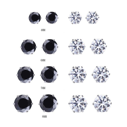 8Pair Stainless Steel Mens Womens Stud Earrings Black Round Cubic Zirconia Inlaid J4U66