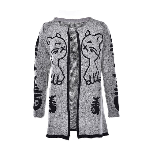 Cartoon Cat and Fish Bones Printing Cardigan Women Long Sleeve Knitted Sweater Cardigans J4U66