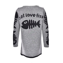 Cartoon Cat and Fish Bones Printing Cardigan Women Long Sleeve Knitted Sweater Cardigans J4U66