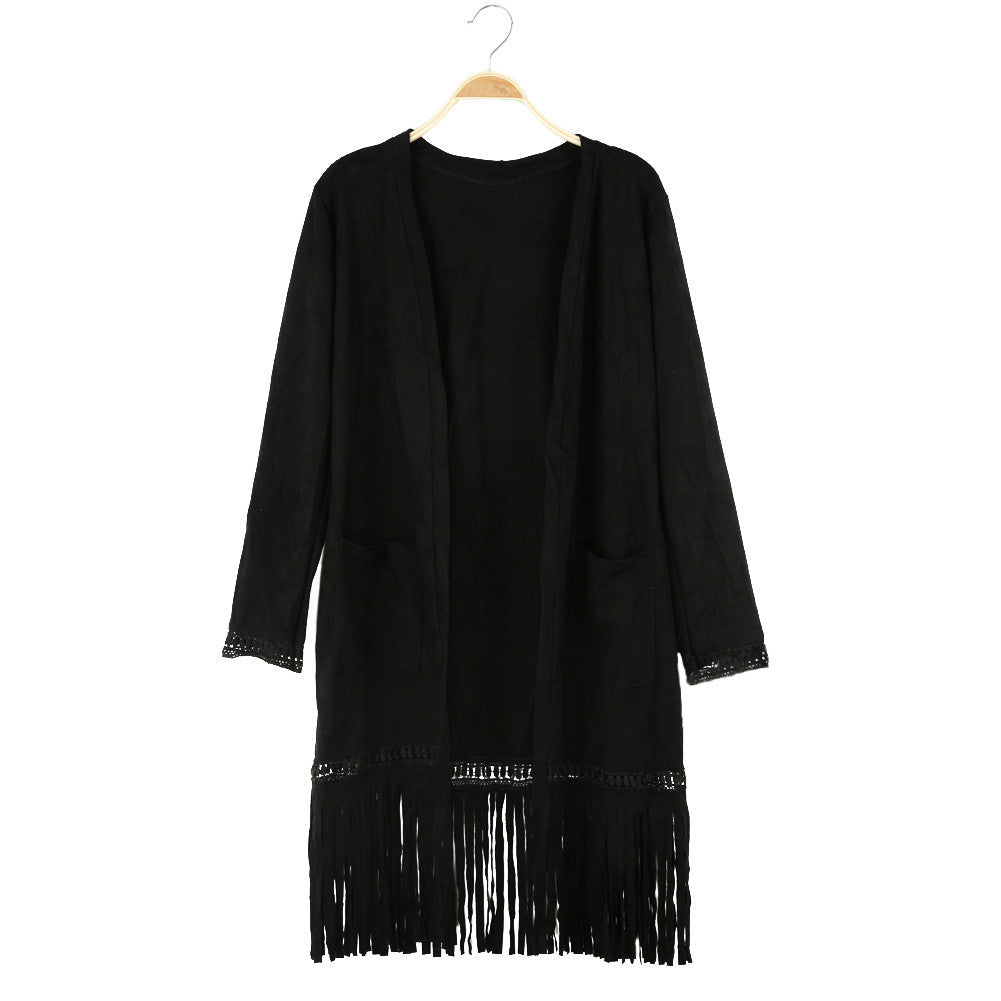 faux suede coat open front pockets tassel trench coat for women long sleeve coat outerwear J4U66