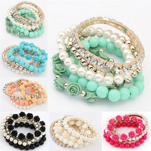 Candy Color imitation pearl Rose Flower Multilayer Beads Stretch Charm Bracelet & Bangle For Women J4U66