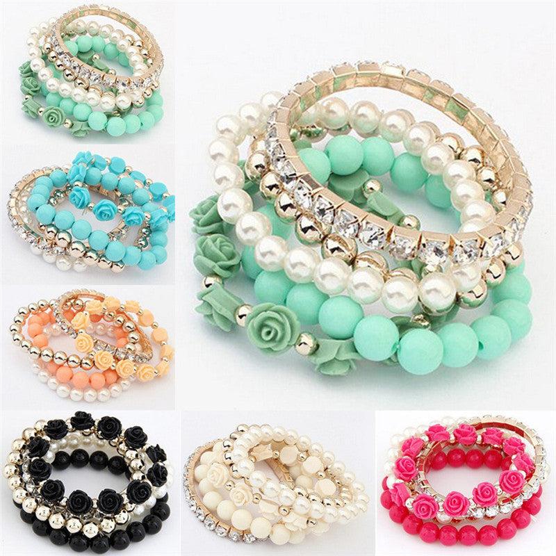 Candy Color imitation pearl Rose Flower Multilayer Beads Stretch Charm Bracelet & Bangle For Women J4U66