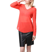 chiffon t-shirts women t-shirts v neck rolled sleeve ruched back asymmetric hem sheer women tops blusas red J4U66
