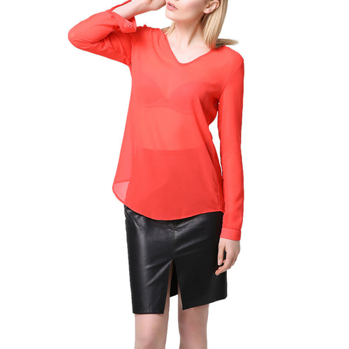 chiffon t-shirts women t-shirts v neck rolled sleeve ruched back asymmetric hem sheer women tops blusas red J4U66