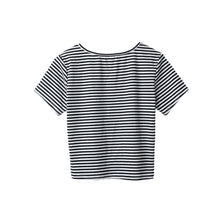 crop top women t-shirts stripe round neck short sleeve tee shirt button casual short t-shirts women tops white J4U66
