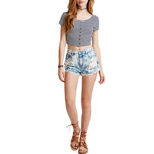 crop top women t-shirts stripe round neck short sleeve tee shirt button casual short t-shirts women tops white J4U66