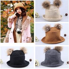cute sweet hat twin bobbles knitted warm cap beige hats for hats J4U66