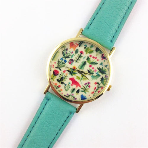 Fashion Design Women's Analog Quartz Wrist Watch Leather Animal Floral Printed Ladies Dress Watches J4U66