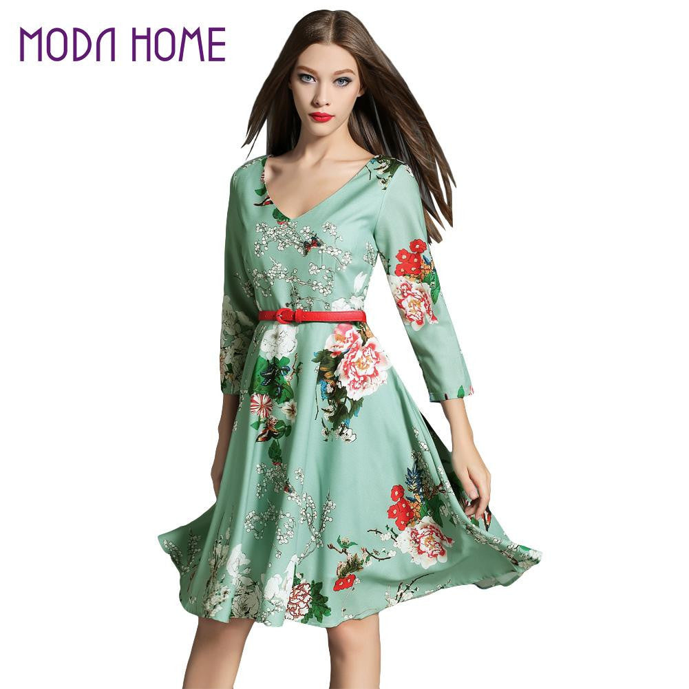 floral print women midi dress v neck three quarter sleeve belted dress slim elegant ol a line dress green J4U66