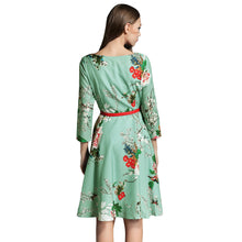 floral print women midi dress v neck three quarter sleeve belted dress slim elegant ol a line dress green J4U66