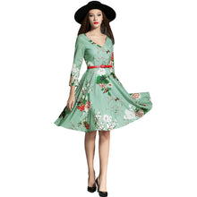 floral print women midi dress v neck three quarter sleeve belted dress slim elegant ol a line dress green J4U66