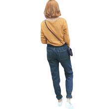 hight waist women jeans elastic waist cuff harem jeans buttons ankle length slim casual all match pants dark blue J4U66