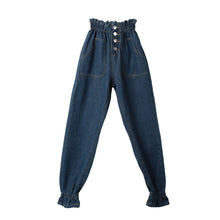 hight waist women jeans elastic waist cuff harem jeans buttons ankle length slim casual all match pants dark blue J4U66