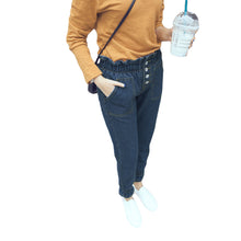 hight waist women jeans elastic waist cuff harem jeans buttons ankle length slim casual all match pants dark blue J4U66