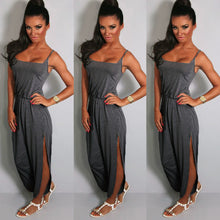 jumpsuit women rompers spaghetti strap drawstring waist side split solid playsuit overalls light grey grey J4U66