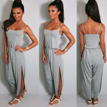 jumpsuit women rompers spaghetti strap drawstring waist side split solid playsuit overalls light grey grey J4U66