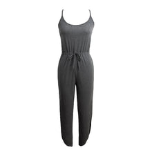 jumpsuit women rompers spaghetti strap drawstring waist side split solid playsuit overalls light grey grey J4U66