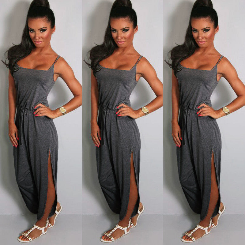 jumpsuit women rompers spaghetti strap drawstring waist side split solid playsuit overalls light grey grey J4U66