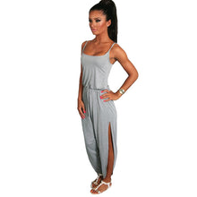 jumpsuit women rompers spaghetti strap drawstring waist side split solid playsuit overalls light grey grey J4U66