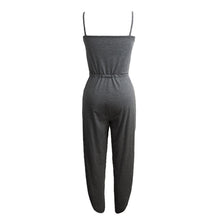 jumpsuit women rompers spaghetti strap drawstring waist side split solid playsuit overalls light grey grey J4U66