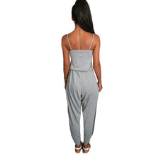 jumpsuit women rompers spaghetti strap drawstring waist side split solid playsuit overalls light grey grey J4U66