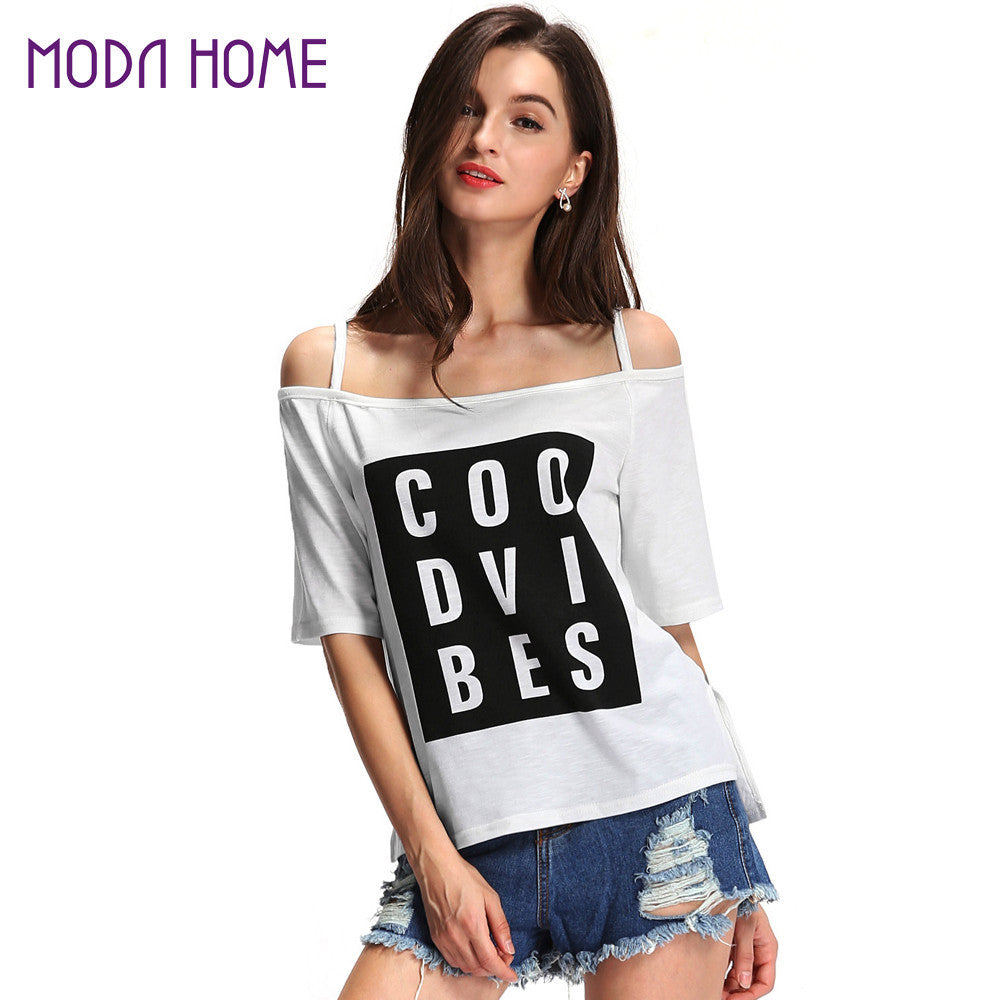 letter print tshirt women slash neck stripes tee shirt short sleeves asymmetric hem t-shirts casual women tops white J4U66