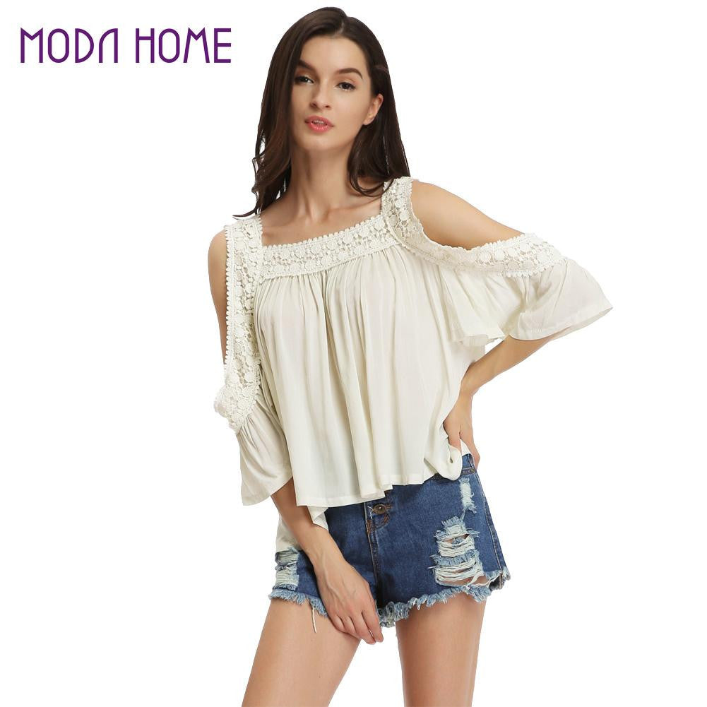 loose women blouse cold shoulder lace splice ruffle sleeve ruched casual tee shirt women tops blusas beige J4U66