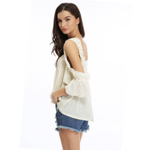 loose women blouse cold shoulder lace splice ruffle sleeve ruched casual tee shirt women tops blusas beige J4U66