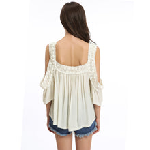 loose women blouse cold shoulder lace splice ruffle sleeve ruched casual tee shirt women tops blusas beige J4U66
