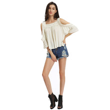loose women blouse cold shoulder lace splice ruffle sleeve ruched casual tee shirt women tops blusas beige J4U66