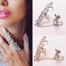 Rhinestone Chain Link Ring Vogue Rose Flower Double Finger Rings For Women Lady Girl Jewelry Gifts  J4U66