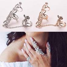 Rhinestone Chain Link Ring Vogue Rose Flower Double Finger Rings For Women Lady Girl Jewelry Gifts  J4U66