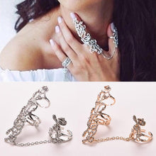 Rhinestone Chain Link Ring Vogue Rose Flower Double Finger Rings For Women Lady Girl Jewelry Gifts  J4U66