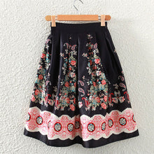 skirts womens midi skirt retro floral print high waist a line back zipper lined elegant skirt black J4U66