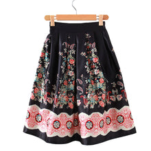 skirts womens midi skirt retro floral print high waist a line back zipper lined elegant skirt black J4U66