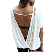 Women White Sexy Backless T Shirt Lady Back Deep V Short Sleeve tshirt Tops J4U66