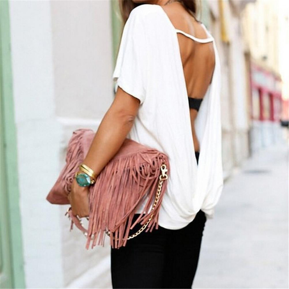 Women White Sexy Backless T Shirt Lady Back Deep V Short Sleeve tshirt Tops J4U66
