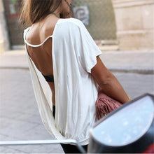 Women White Sexy Backless T Shirt Lady Back Deep V Short Sleeve tshirt Tops J4U66