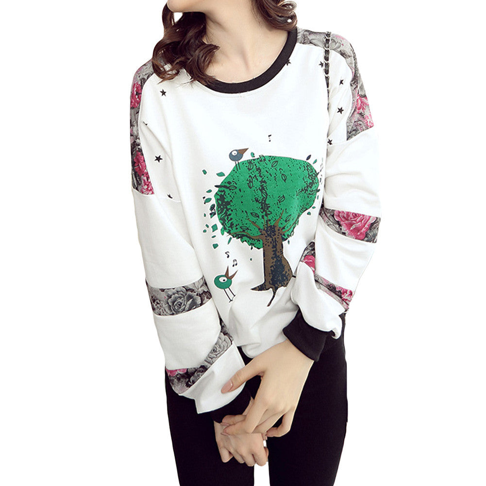 women tops ladies pullover birds tree print o neck long sleeve t-shirts loose fit casual tops white J4U66