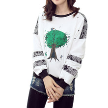women tops ladies pullover birds tree print o neck long sleeve t-shirts loose fit casual tops white J4U66