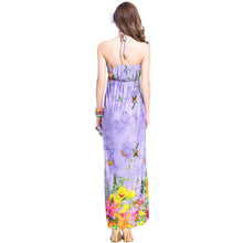 women beach dress bohemian print halterneck off shoulder beading ethnic backless party dress blue purple J4U66