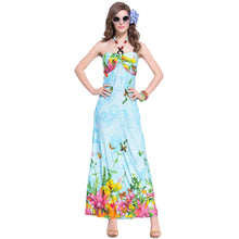 women beach dress bohemian print halterneck off shoulder beading ethnic backless party dress blue purple J4U66