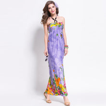 women beach dress bohemian print halterneck off shoulder beading ethnic backless party dress blue purple J4U66