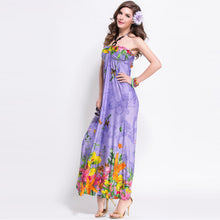 women beach dress bohemian print halterneck off shoulder beading ethnic backless party dress blue purple J4U66